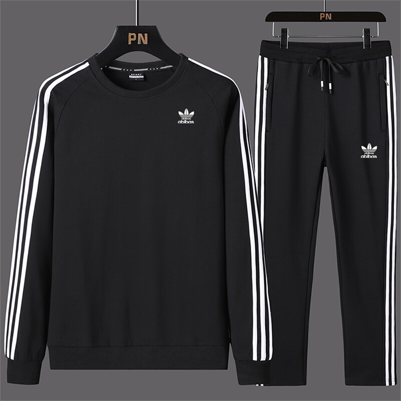 Pure Cotton Casual Sports Suit for Men, Autumn and Winter, Loose Fit, Plus Size, Sweatshirt and Long Pants with Three Stripes Set