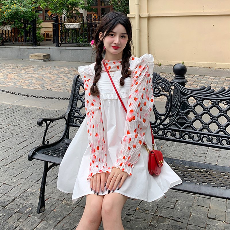 20211 4 inch socket wrench sleeve suspender dress long sleeve floral shirt set escape rose romantic girl fold