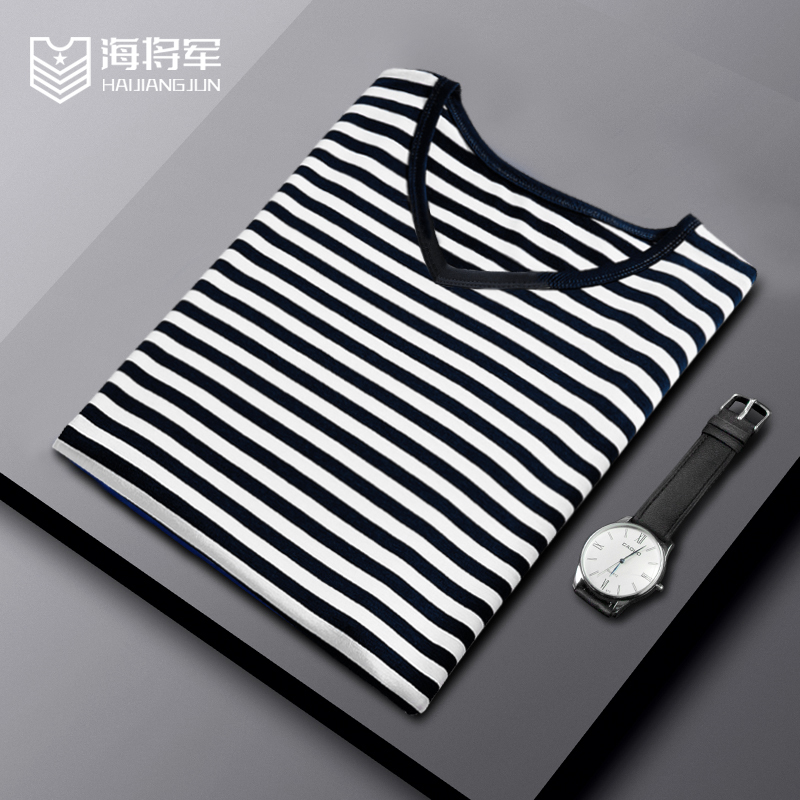 Men's Mercerized Cotton T-Shirt Sailor Shirt V-Neck Short-Sleeve Top Old Man's Shirt Black and White Striped Shirt Physical Training Uniform Authentic