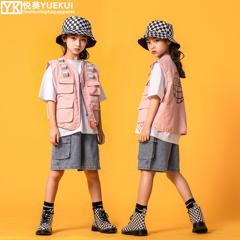 Children's hip hop suit girls summer dress baby shower dress boys loose nail street dance coach costume