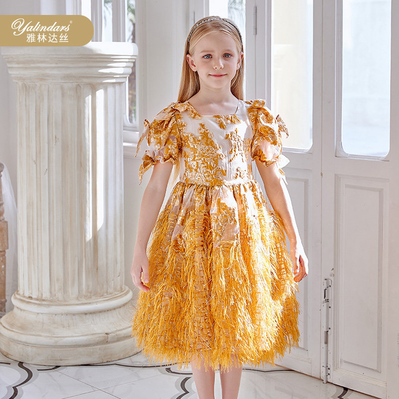 Yalindas girls dress 2022 new summer style girl short-sleeved pleated skirt children's princess dress