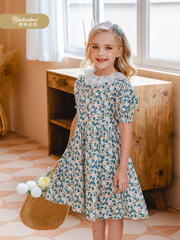 Yalindas girl's floral dress 2022 new middle-aged children's short-sleeved lace round neck net red popular dress summer