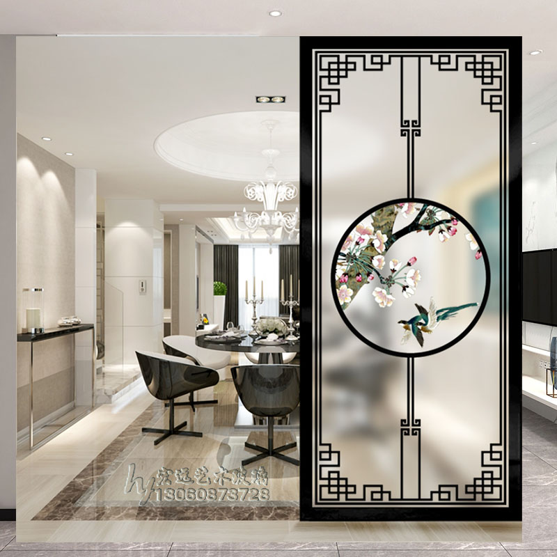 Light luxury new Chinese screen partition living room entrance custom painted glass Net red decoration decorative painting flower grid