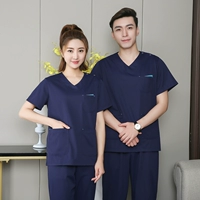 Высококачественный темно-синий костюм с короткими рукавами из мочалки и декором цвета озера