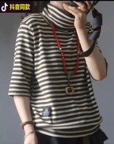 Douyin with Hangzhou Kdale cotton linen womens shop window 1558 striped high neck Half sleeve T-shirt 85-15