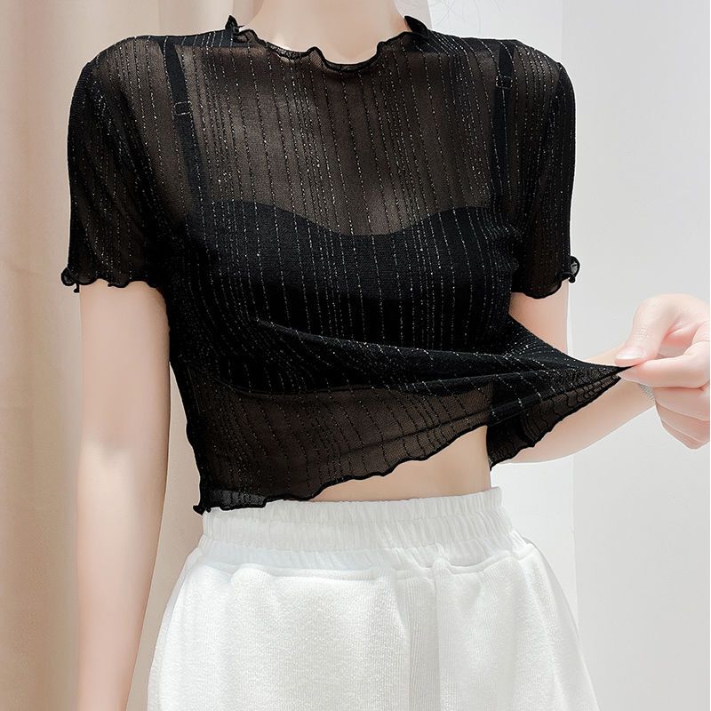 See-Through Mesh Undershirt for Women, Summer Camisole Dress Inner Layer, Short-Sleeve T-Shirt, Gauze Top with Ruffled Edges, Short Lace Top