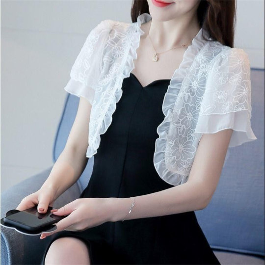 Summer Sun Protection Clothing Lace Shawl Small Cardigan Jacket Versatile Chiffon Shirt Short-Sleeved Thin Top for Women
