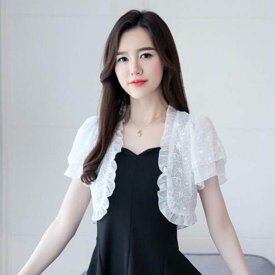 Summer Sun Protection Clothing Lace Shawl Small Cardigan Jacket Versatile Chiffon Shirt Short-Sleeved Thin Top for Women