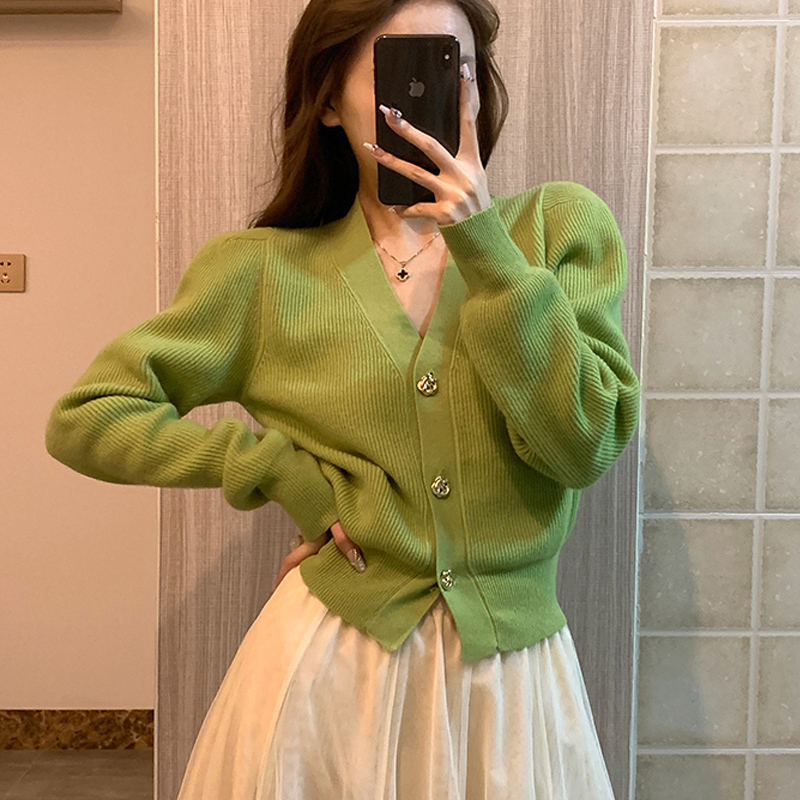 Spring and Autumn French-Style Chic Waist-Cinching Slim-Fit Green Waist-Slimming Knit Cardigan Small Fragrance Style Sweater Jacket Women's Top
