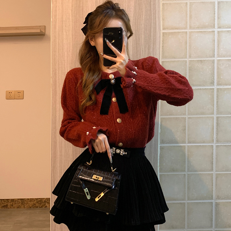 Autumn and Winter Red Round-Neck Sweater for Women with Bow, Knitted Cardigan Jacket with Shiny Thread and Beaded Design, Chanel-Style Top