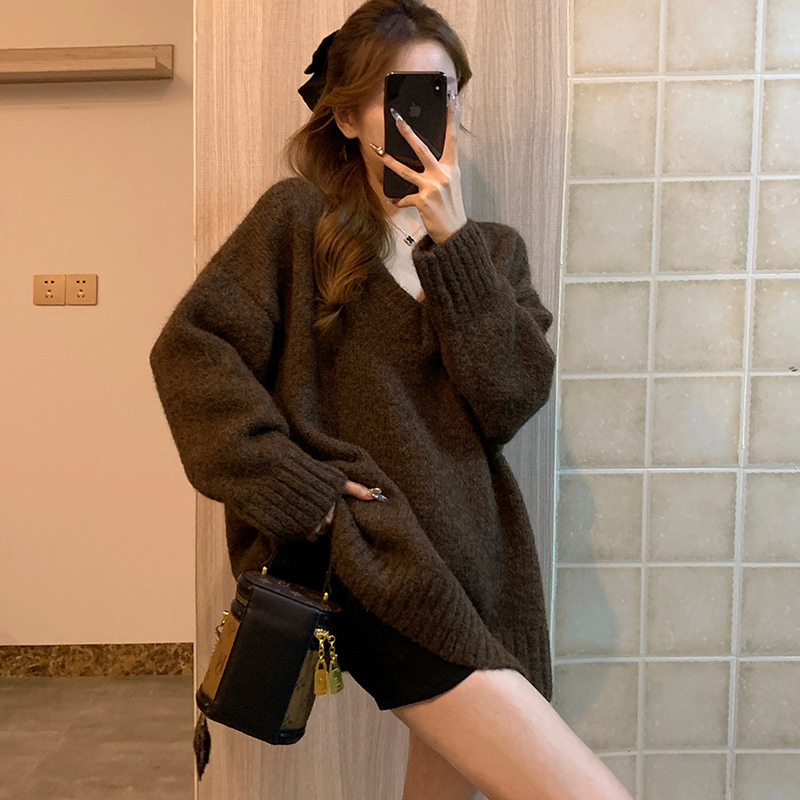 Autumn and Winter Soft and Cozy V-Neck Pullover Loose Outerwear Lazy Style Coffee Color Melard Mid-Length Large Sweater Knit Top