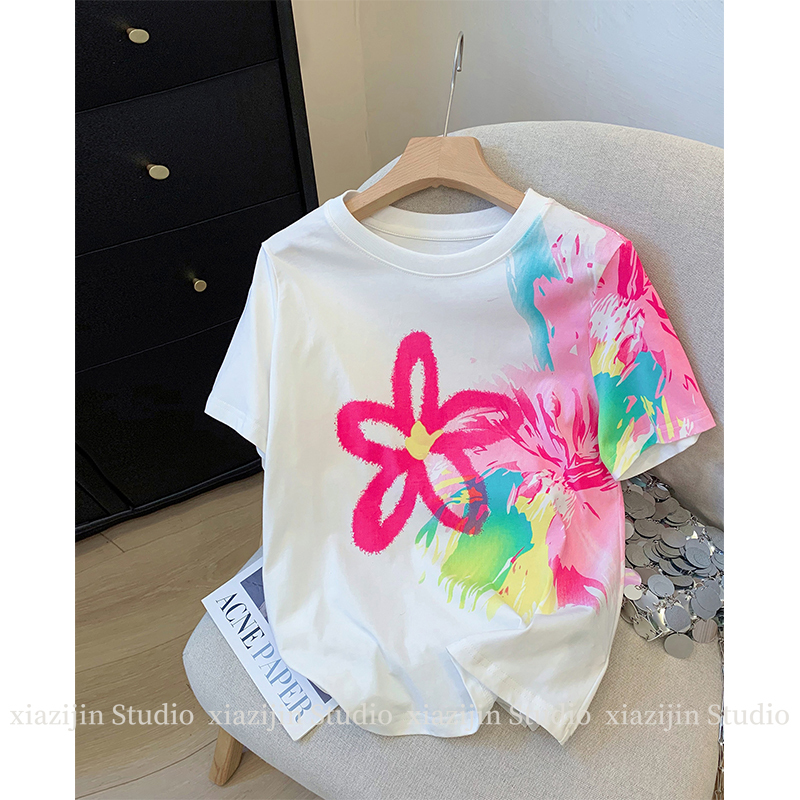 Colorful Tie-Dye Floral Short-Sleeve T-Shirt for Women, 2026 New Summer American High Street Design, Niche Style, Regular Shoulder Top