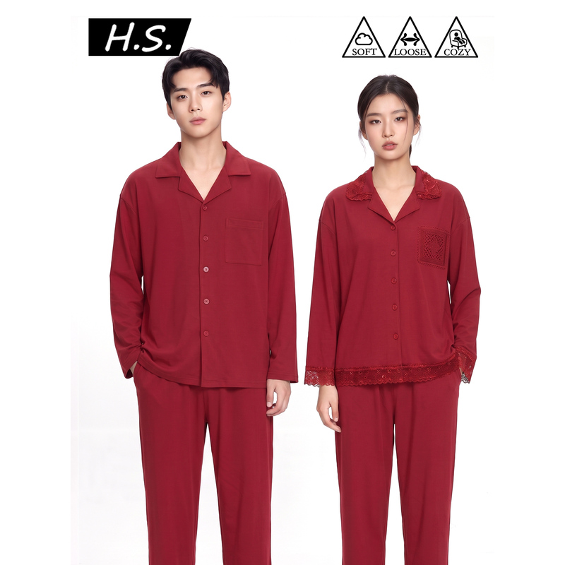 Hansen【Red Makeup and Gentle Charm】Newlywed Plus Size Couple Pajamas 100kg Pure Cotton Red Set Homewear for Women