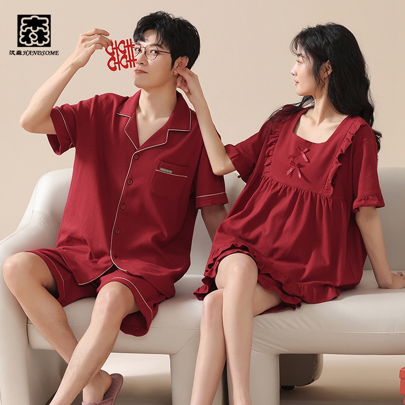 Pure Cotton Plus-Size Couple Pajamas 100kg Summer Newlywed Festive Red Set Extra Large Thin Home Wear