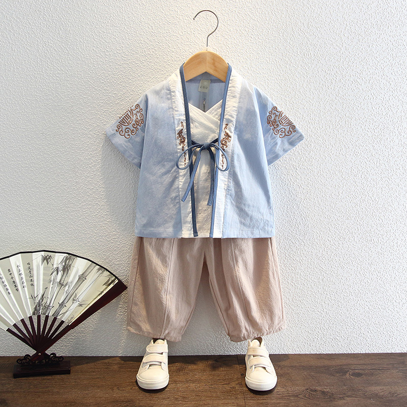 Boys' Hanfu summer Chinese style short-sleeved boy's ancient costume two-piece suit male baby summer ancient style suit children's Tang suit - Taobao