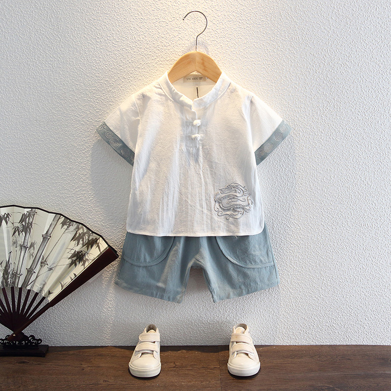 Boys Hanfu summer thin section children's ancient costume two-piece children's Tang suit male baby retro short-sleeved cotton and linen suit