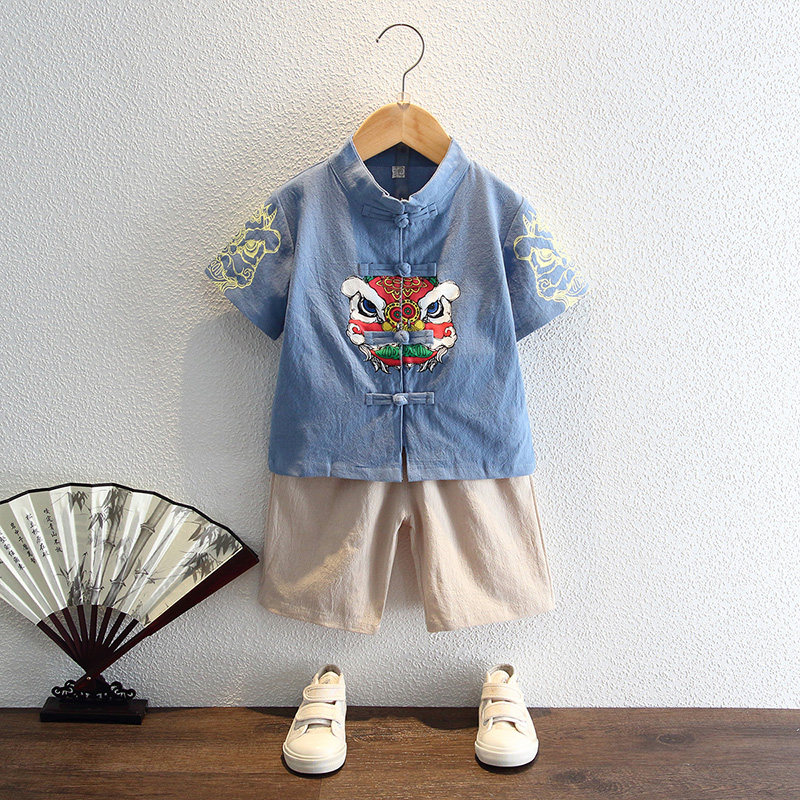 Hanfu boys summer Chinese style male baby summer thin short-sleeved two-piece costume suit children's antique clothes