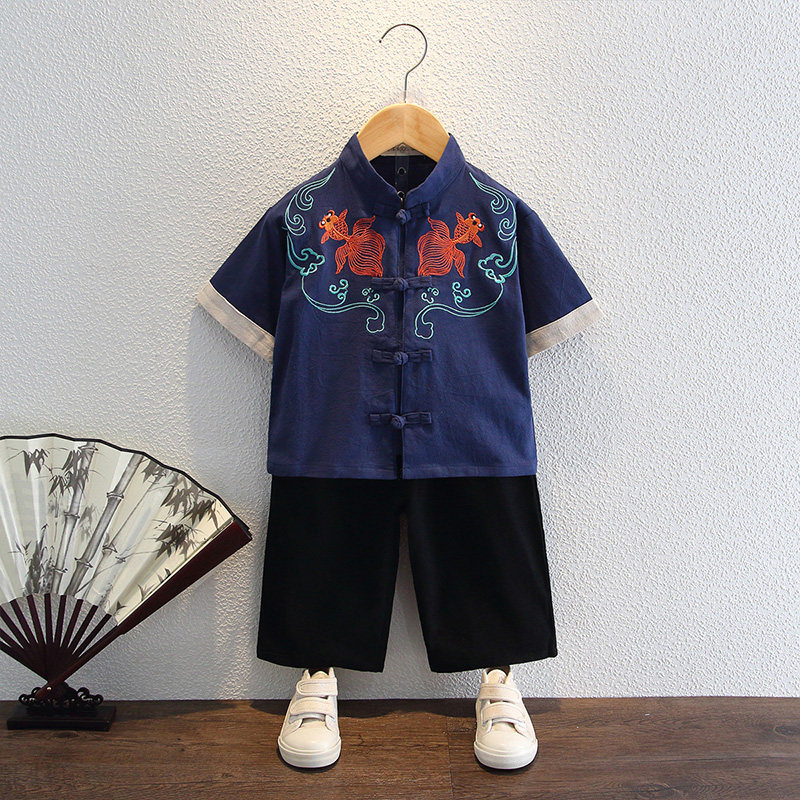 Boys Hanfu summer Chinese style children's short-sleeved costume suit Chinese boy baby antique costume children's Tang suit