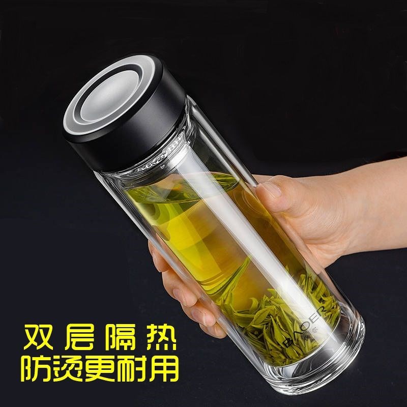 Double-layer glass men and women thickened portable with lid insulated water cup filter Household tea cup customization