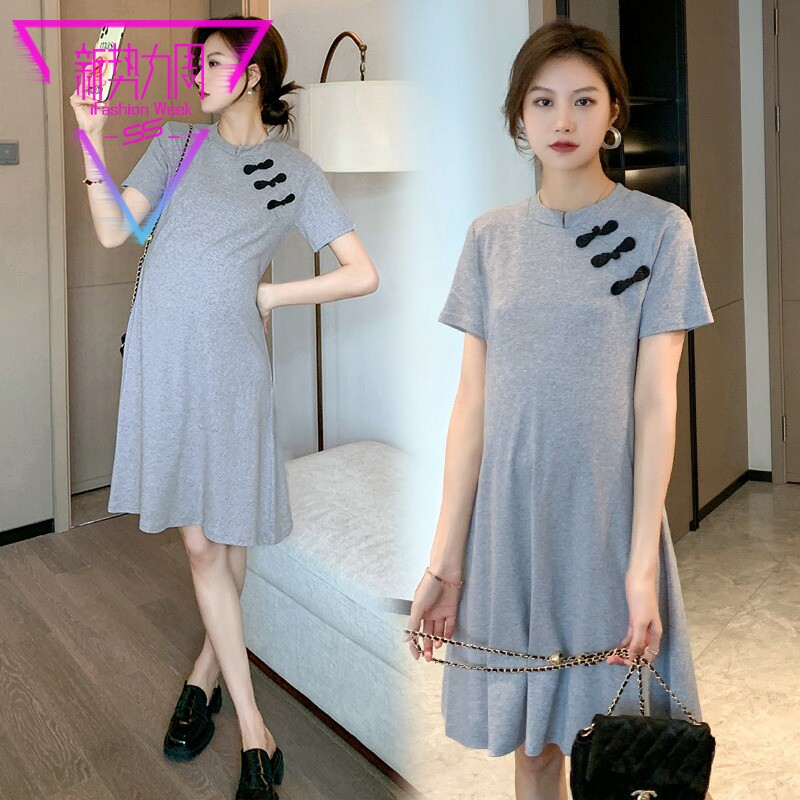 Design Sense Gestation Woman Dress Foreign Dress Summer Dress 2021 New Retro Short Sleeve Woman Pure Color Medium Long Version Chinese Ethos