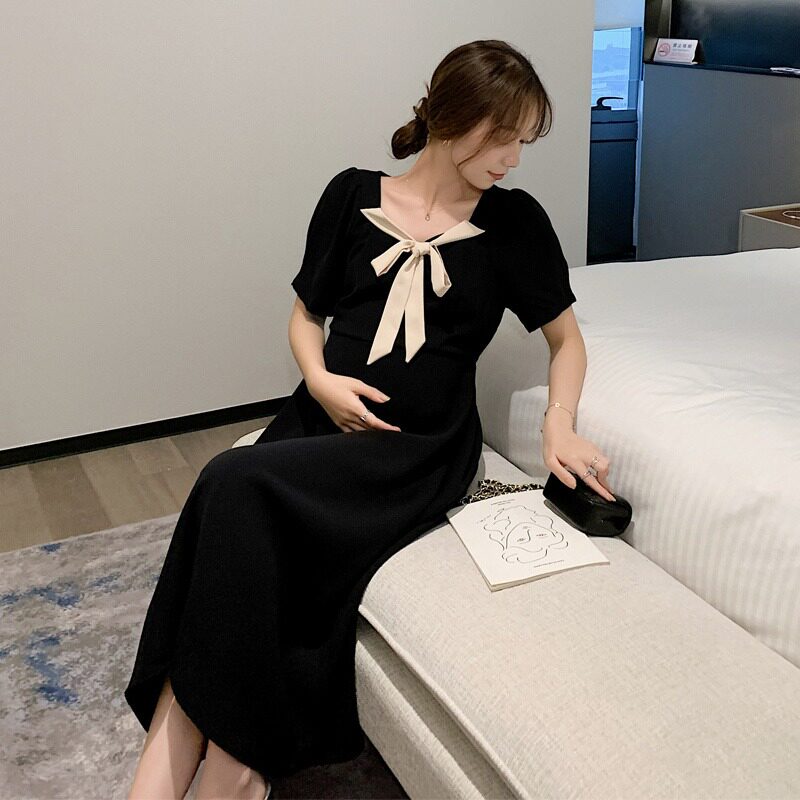 Maternity Dress Summer Dress Loose Slim Net Red Tide Mom Knee Black Thin Section Casual Short Sleeve Large Size Medium Length