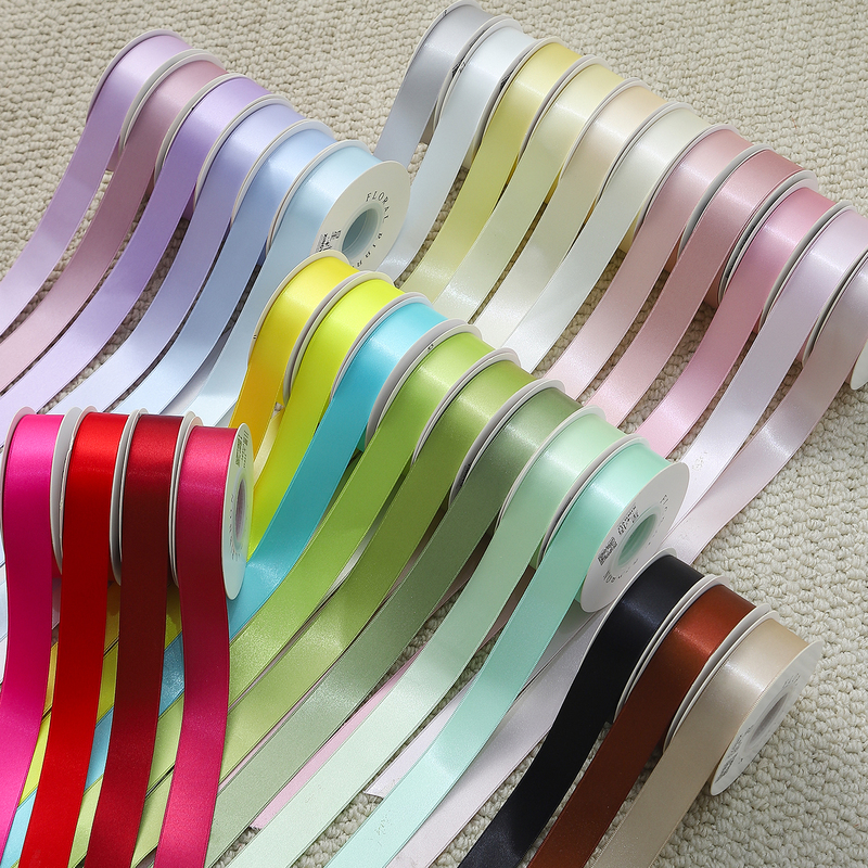 2.5cm Korean-Style Solid Color Ribbon Double-Sided Satin Ribbon Flower Wrapping Tie Bright Cotton Ribbon Webbing DIY Floral Material