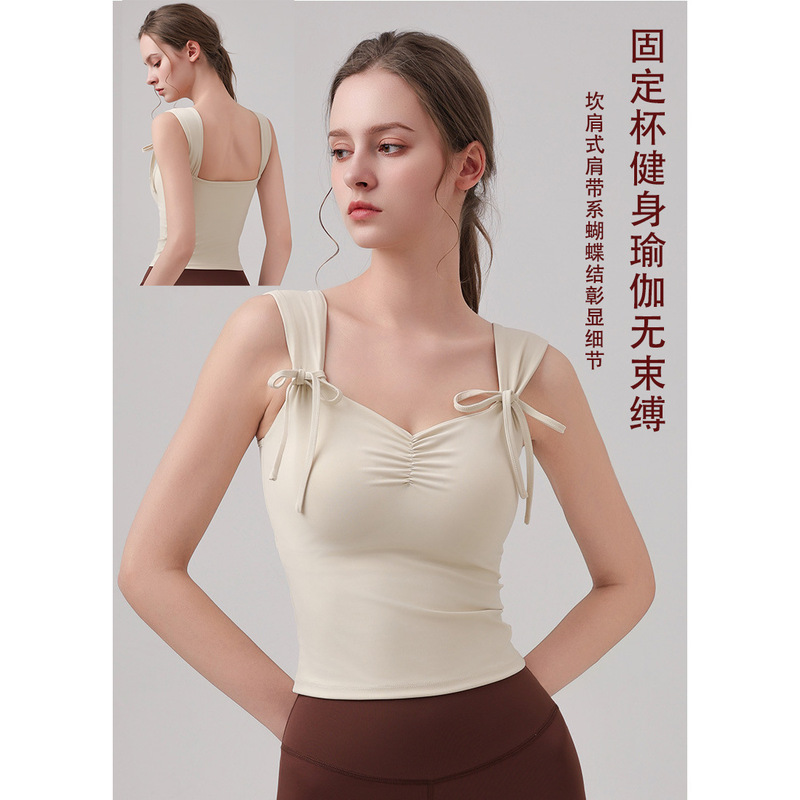 Yoga Clothing American-Style Bowknot Sports Short-Sleeved Slim-Fit Yoga Tank Top Sleeveless Top with Chest Pads Yoga Clothing American-Style Bowknot Sports Short-Sleeved Slim-Fit Yoga Tank Top Sleeveless Top with Chest Pads