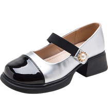 Daphne French Mary Jane shoes for women 2024 new silver color block heel small leather shoes small fragrant style medium heel shoes