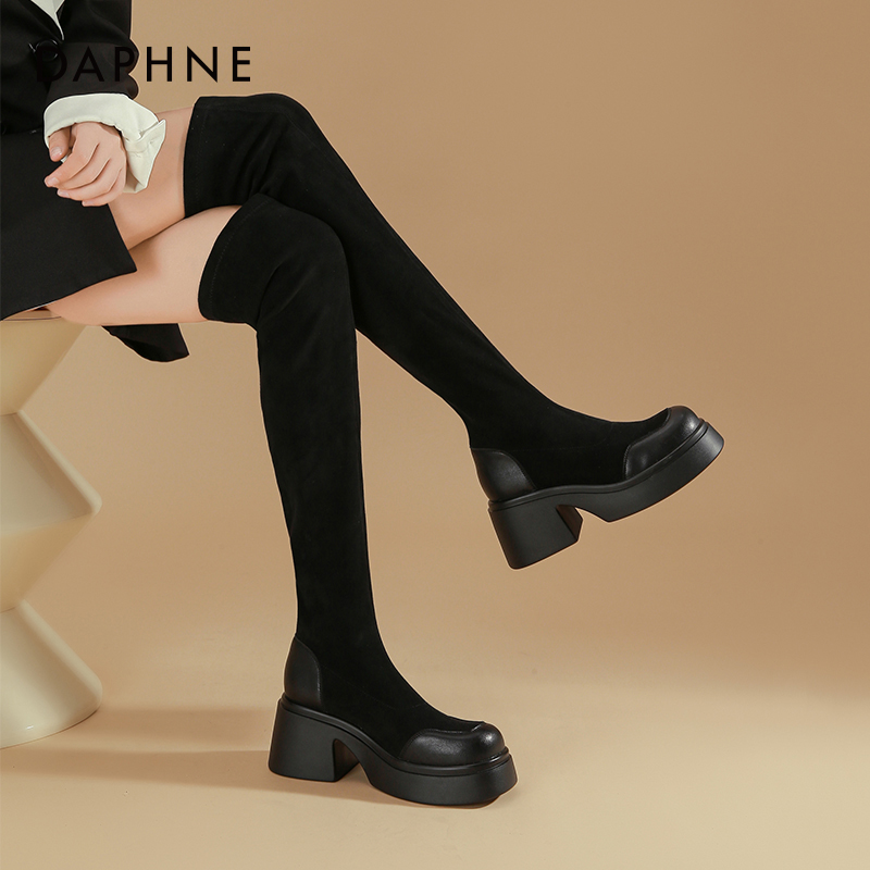 ダフネ ストレッチニット オーバーニーブーツ レディース 2025年夏 厚底ロングスキニーブーツ チューブから落ちない ブラックブーツ