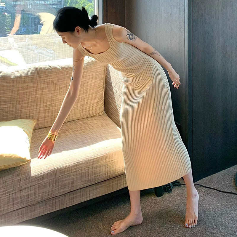 French Rixo Kelly High-End Sleeveless Knitted Dress, Early Autumn Elegant Slimming Camisole Long Dress for Women