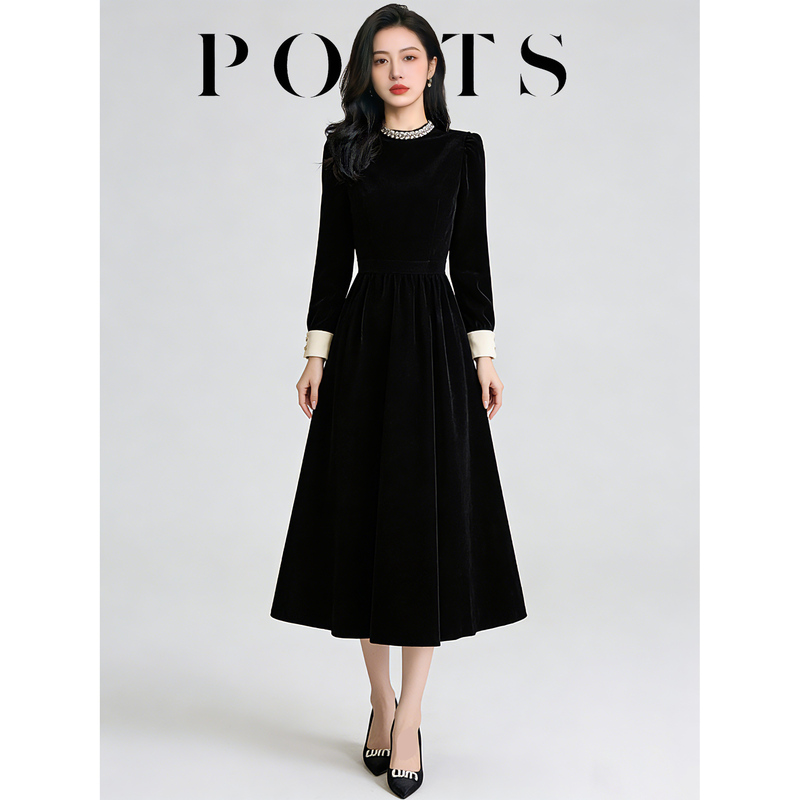 Hepburn-Style Black Evening Dress for Women, French Retro Elegant Temperament, Age-Reducing Long-Sleeved Beaded Velvet High-Waisted Dress Hepburn-Style Black Evening Dress for Women, French Retro Elegant Temperament, Age-Reducing Long-Sleeved Beaded Velvet High-Waisted Dress