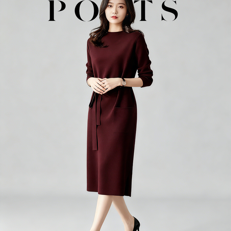 Lace-Up Slimming Wool Knit Dress for Women, Elegant, Retro, Light Luxury, Socialite, Workwear, Spring and Autumn, Burgundy, Mid-Length Lace-Up Slimming Wool Knit Dress for Women, Elegant, Retro, Light Luxury, Socialite, Workwear, Spring and Autumn, Burgundy, Mid-Length