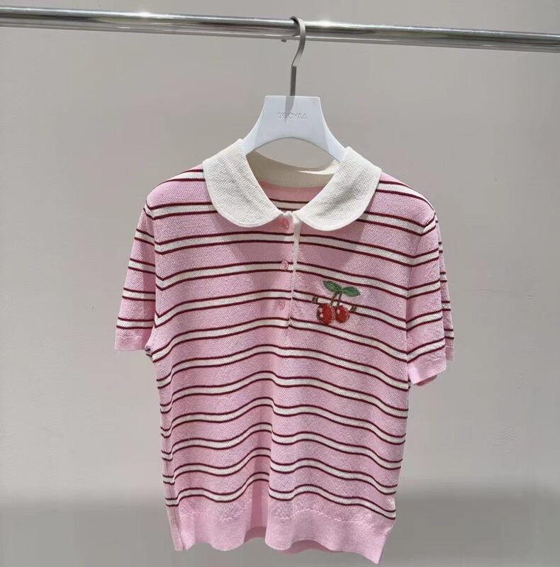 2026 Summer New Style "Dynamic Cherry" Peter Pan Collar Striped Sweater T-Shirt 2026 Summer New Style "Dynamic Cherry" Peter Pan Collar Striped Sweater T-Shirt