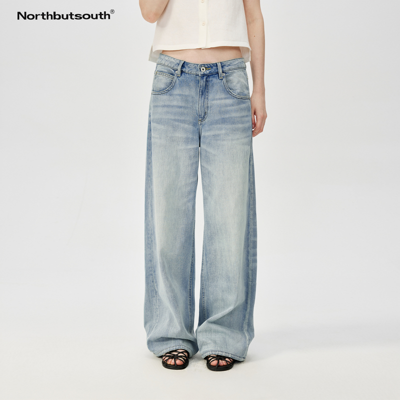 Northbutsouth Classic Washed Clear Blue Casual Loose Straight Mid-Low Waist Denim Casual Pants Northbutsouth Classic Washed Clear Blue Casual Loose Straight Mid-Low Waist Denim Casual Pants