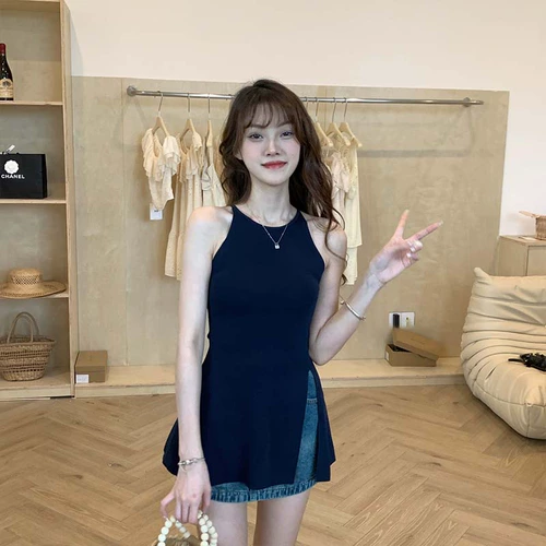 Черная сексуальная майка топ, длинная футболка без рукавов, средней длины