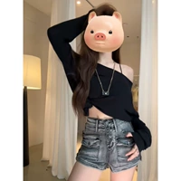 Черный [облегающая нижняя рубашка/нишевый верх/шикарный верх/нижняя рубашка, модная и модная нижняя рубашка, закрывающая живот/многослойная рубашка с внутренним слоем/нижняя рубашка для женщин весной и осенью/тонкая нижняя рубашка/супер красивая нижняя рубашка/нежный топ]