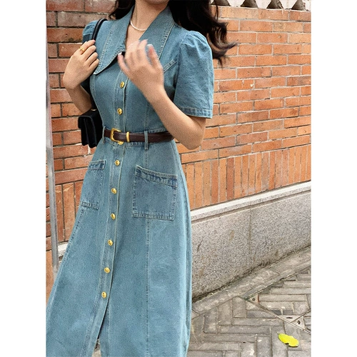 Летнее джинсовое платье, сексуальная длинная юбка, подходит для подростков, короткий рукав, французский стиль, яркий броский стиль