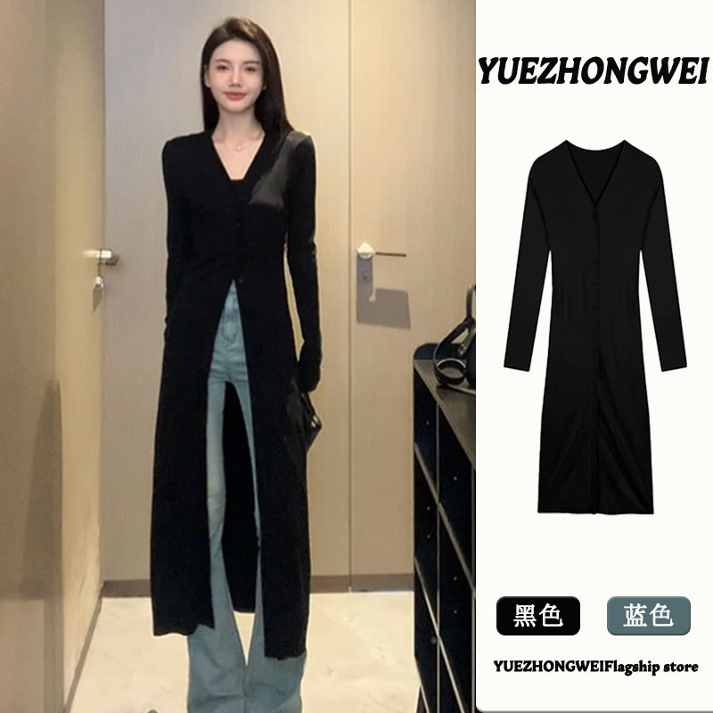 Black V Neck Ice Silk Sun Protection Knitted Cardigan for Women, Summer Thin Outer Wear, Slim Fit Mid-Length Sweater Slit Top Black V Neck Ice Silk Sun Protection Knitted Cardigan for Women, Summer Thin Outer Wear, Slim Fit Mid-Length Sweater Slit Top