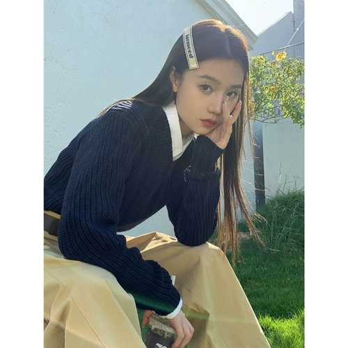 Короткий осенний ретро японский трикотажный свитер, V-образный вырез