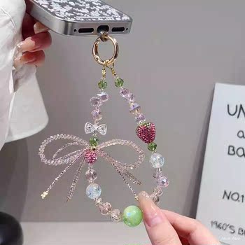 Strawberry Diamond Ball Phone Lanyard Beaded Crystal Round Bead Pendant Bow Chain Phone Case Decoration Hand Chain Bag