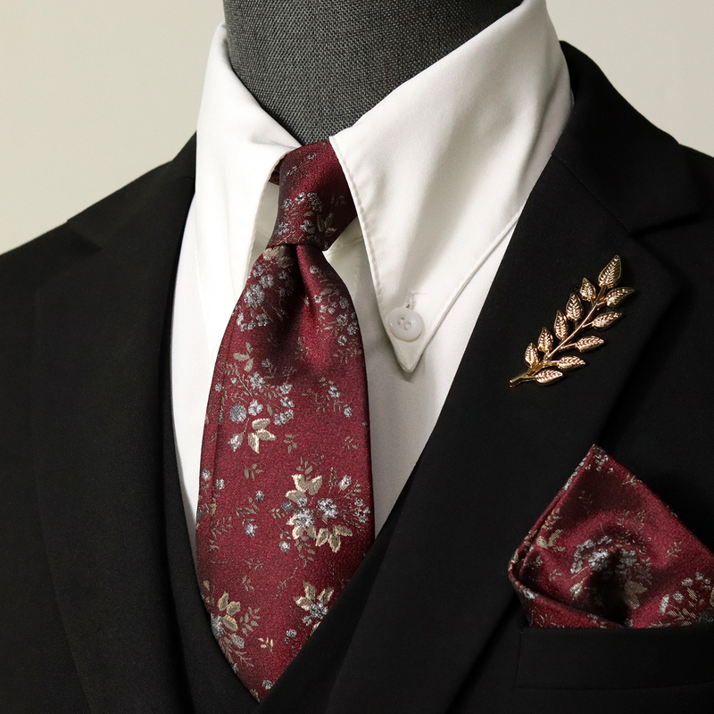 Burgundy Floral Tie Men's Wedding Groom Pocket Square Set Formal Suit Shirt High-End Accessories