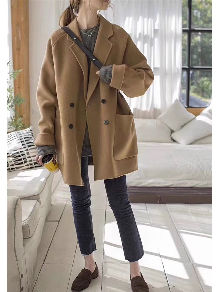 Domestic 2022 autumn and winter new small man short loose woolen coat double-sided cashmere coat women
