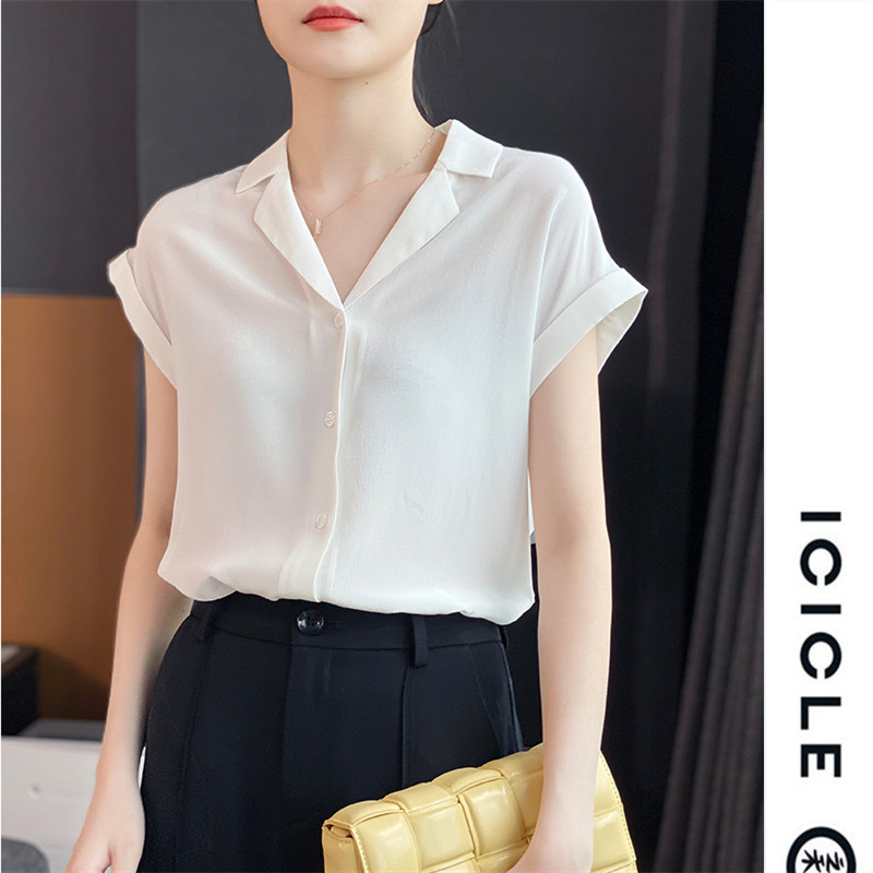 Domestic counter 2023 Spring and summer female new casual and common silk tops short - sleeved silk shirts