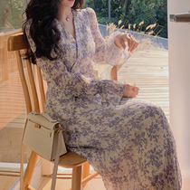 2022 new spring tea break French temperament gentle wind fairy sweet first love skirt purple floral dress