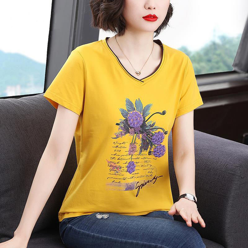 Cotton With Cotton T-shirt Summer New Casual Fashion 100 Hitch Print Loose slim large size Women with bottom blouses minimalist