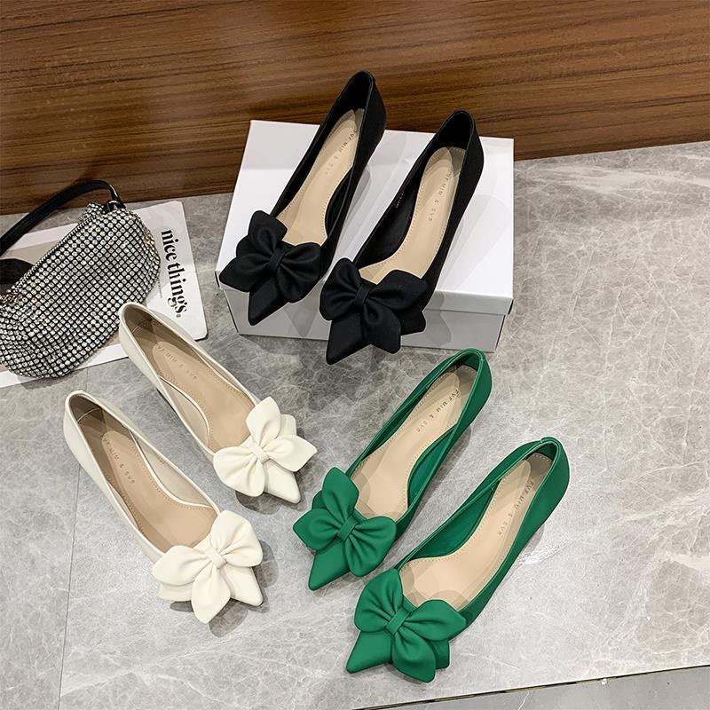 2024 Spring/Summer New Versatile Pointed Toe Stiletto Green High Heels Women's Elegant Low Heel Casual Shoes