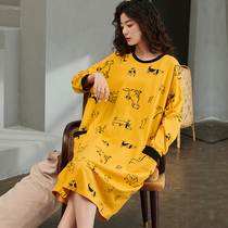 Pure Cotton Sleeping Dress Woman Fall Long Sleeve Full Cotton Printed Home Clothing Pregnant Woman Loose Over Knee Pyjamas Skirt can be worn for autumn and winter