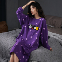Spring Autumn Pure Cotton Sleeping Skirt Woman Long Sleeve Thin style Loose Cartoon Printed Sweet and long style Residence Dress can be worn outside