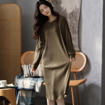 Autumn Winter Sleeping Dress Woman Pure Cotton Long Sleeve Long cover with knee pure color can outwear big code fat mm pregnant woman loose sleepwear dress