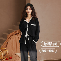 2021 New autumn pyjamas womens pure cotton long sleeves Two sets loose and soft casual cardiovert black home clothes